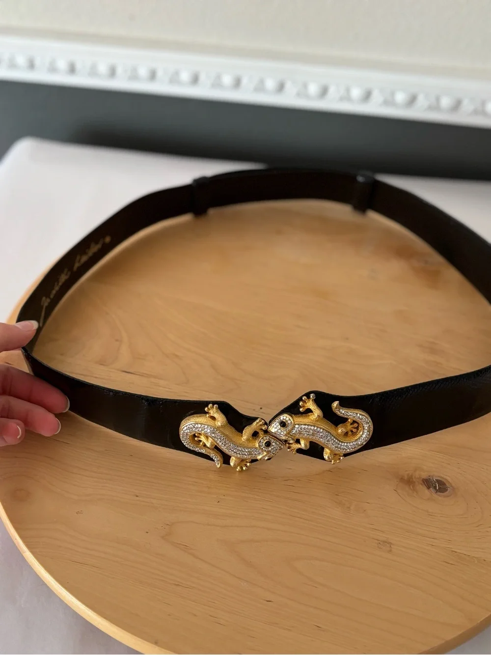 Judith Leiber Black Leather Belt with Gold Swarovski Crystal Lizard Buckle